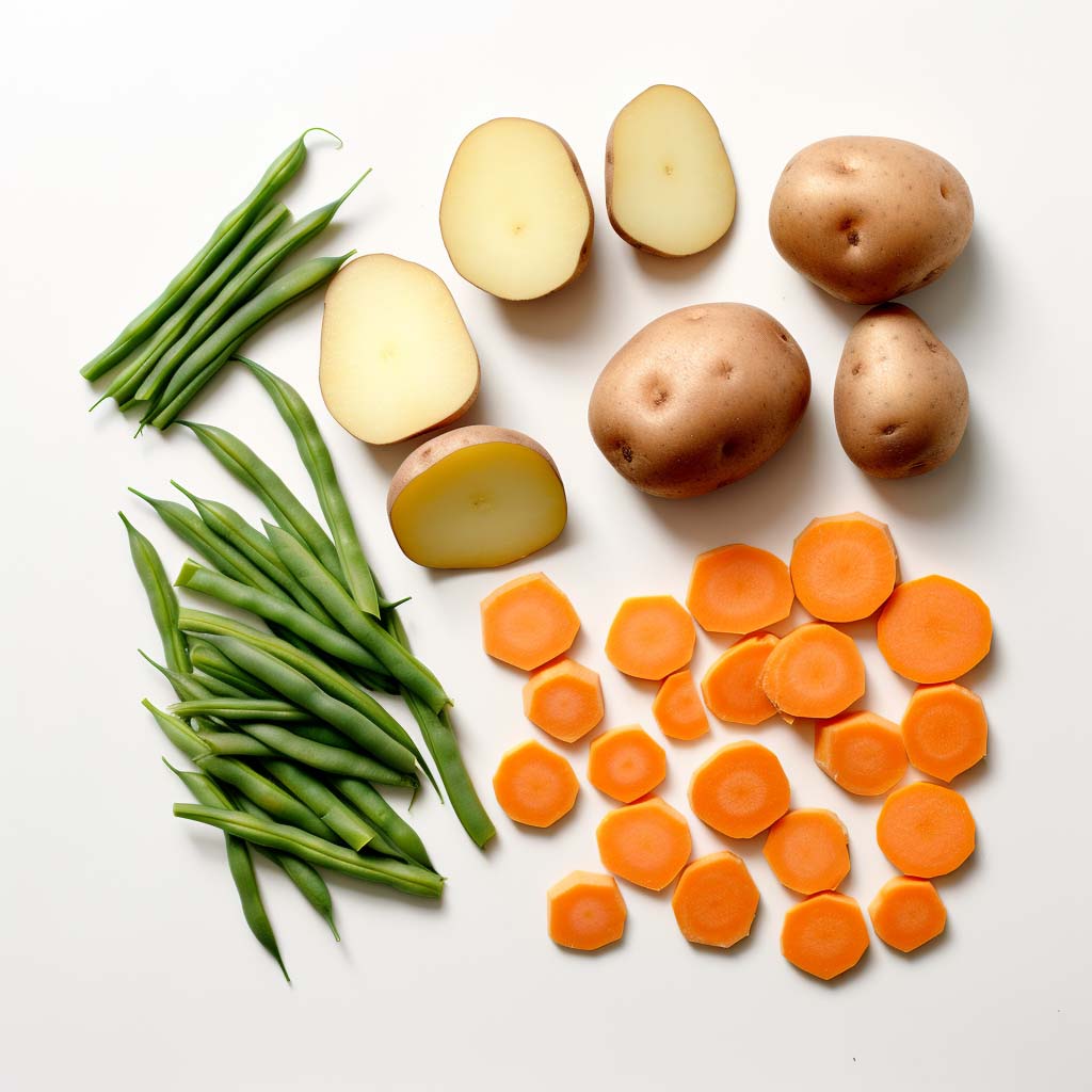 display of green beans, potatoes, carrot slices