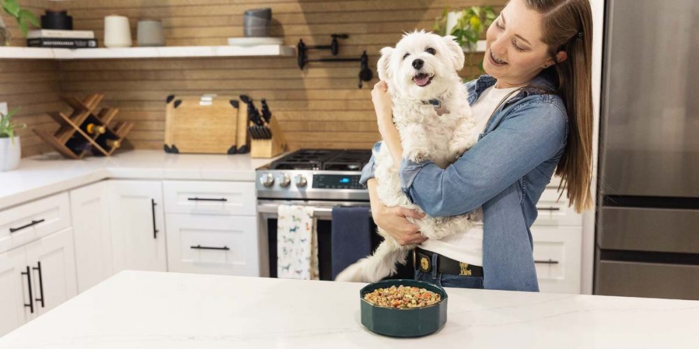 dog and human in kitchen. how to make fresh dog food